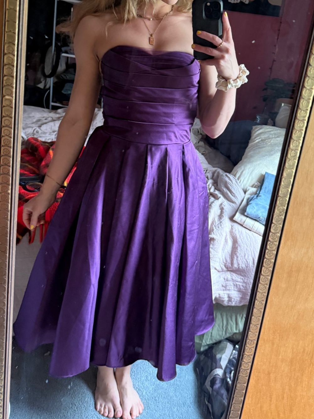 Unique Vintage Strapless Purple Tea-Length Dress